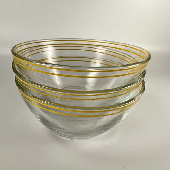 Vtg Arcoroc France Bowls Cereal Salad Soup Clear Glass Yellow Stripes Lot of 3 - Picture 9 of 11